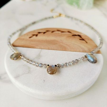 Gold Plated Labradorite Beaded Necklace with Teardrop Crystal Pendants